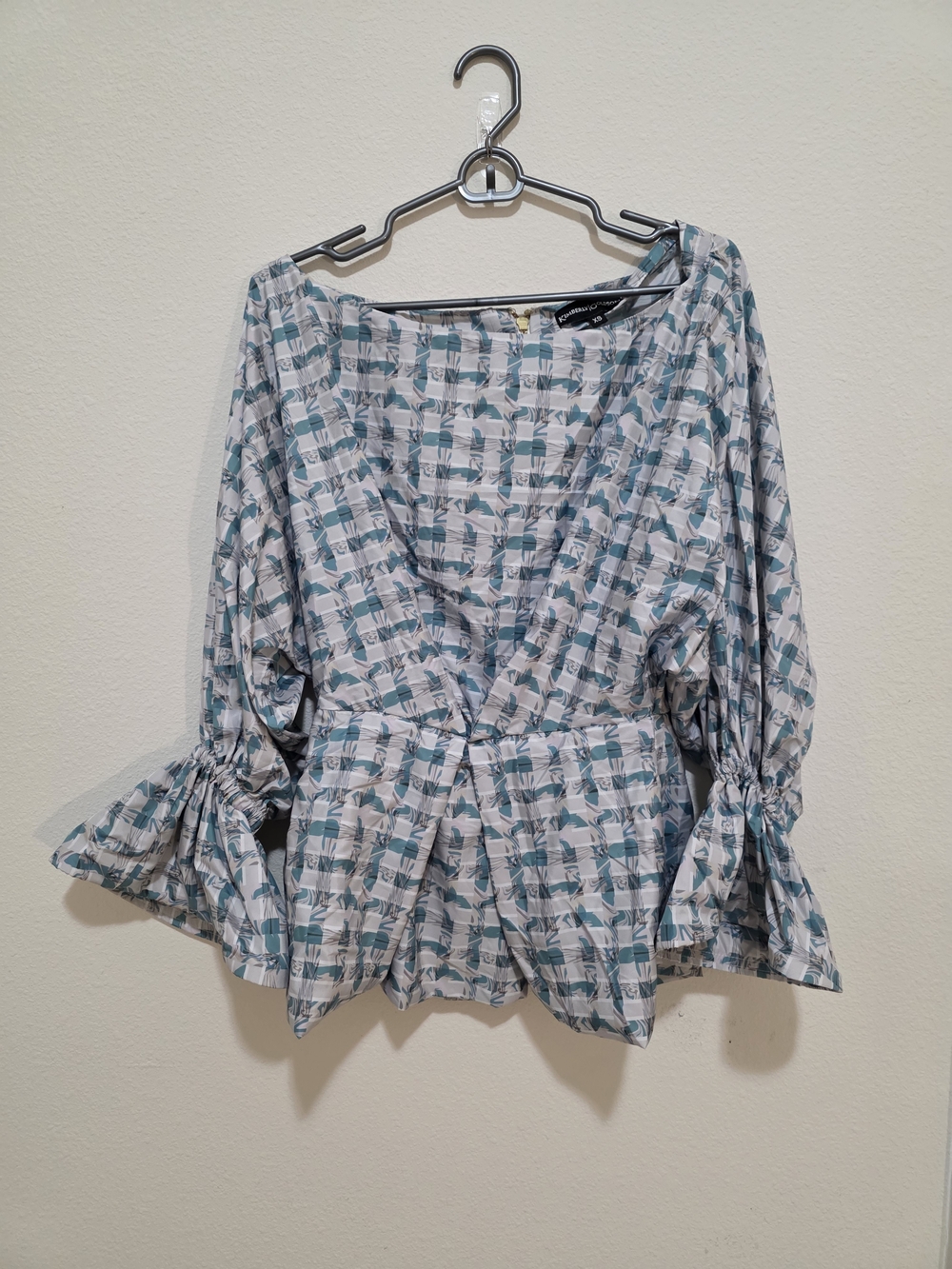 Kimberly Goldson Teal & White Printed Wrap Blouse